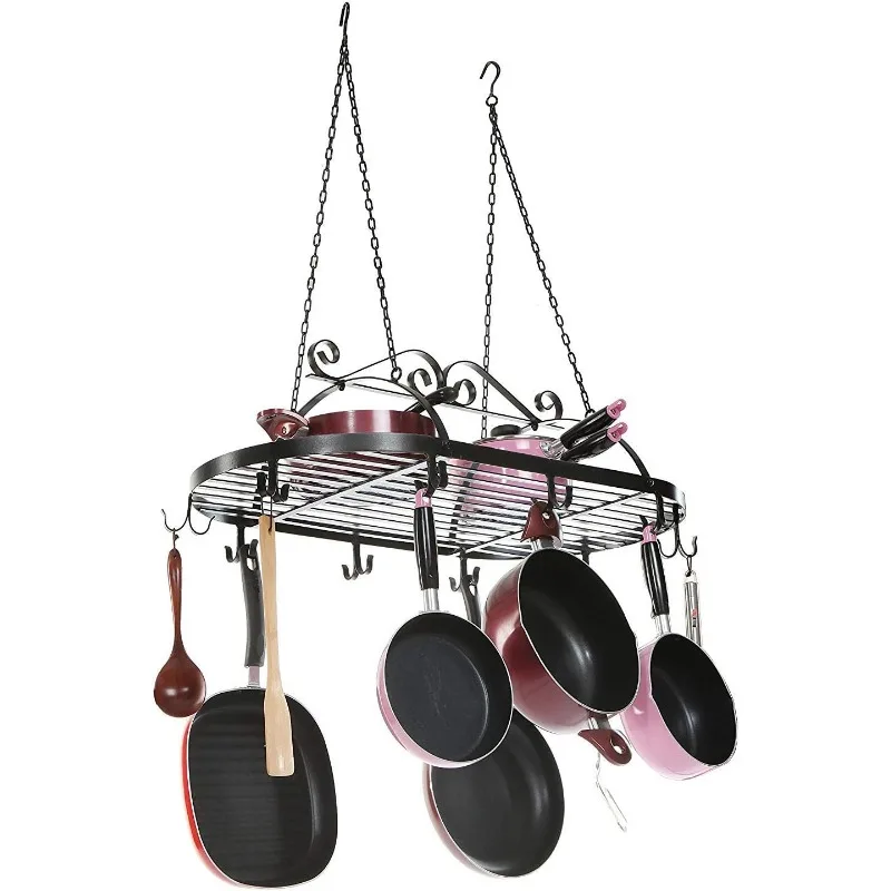 MyGift Black Scrollwork Metal Pot and Pan Ceiling Hanging Rack Heavy Duty Cooking Pans and Utensil Hanger with 10 Dual Hooks