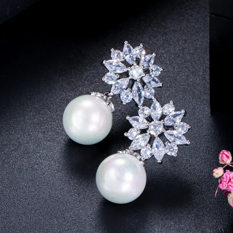 ThreeGraces Elegant Sparkly White Cubic Zirconia Simulated Pearl Drop Earrings for Women New Fashion Daily Party Jewelry E900 image 3