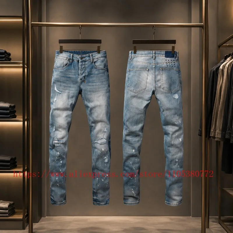 

Y2K High Quality Men's Jeans Vintage Faded Ripped Paint Splash Hip Hop Stretch Denim Trousers KSUBI Jeans