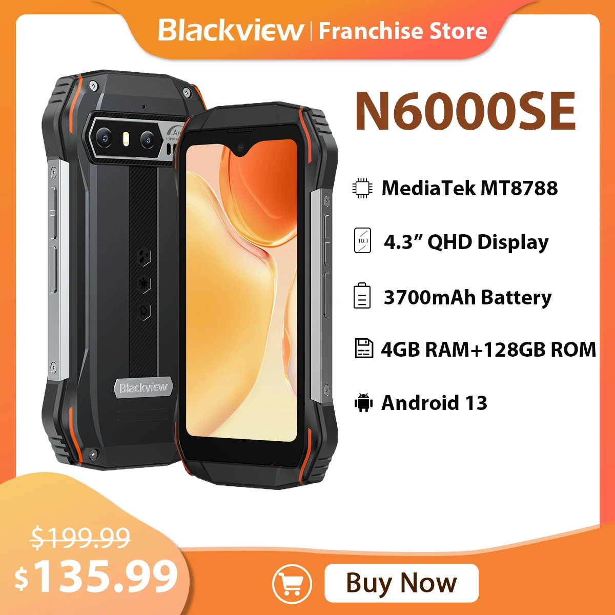 Blackview N6000SE Rugged Phone 4.3 Inches Display 4GB 128GB 13MP Rear Camera 3700mAh Android 13 Dual 4G SIM Fingerprint Unlock