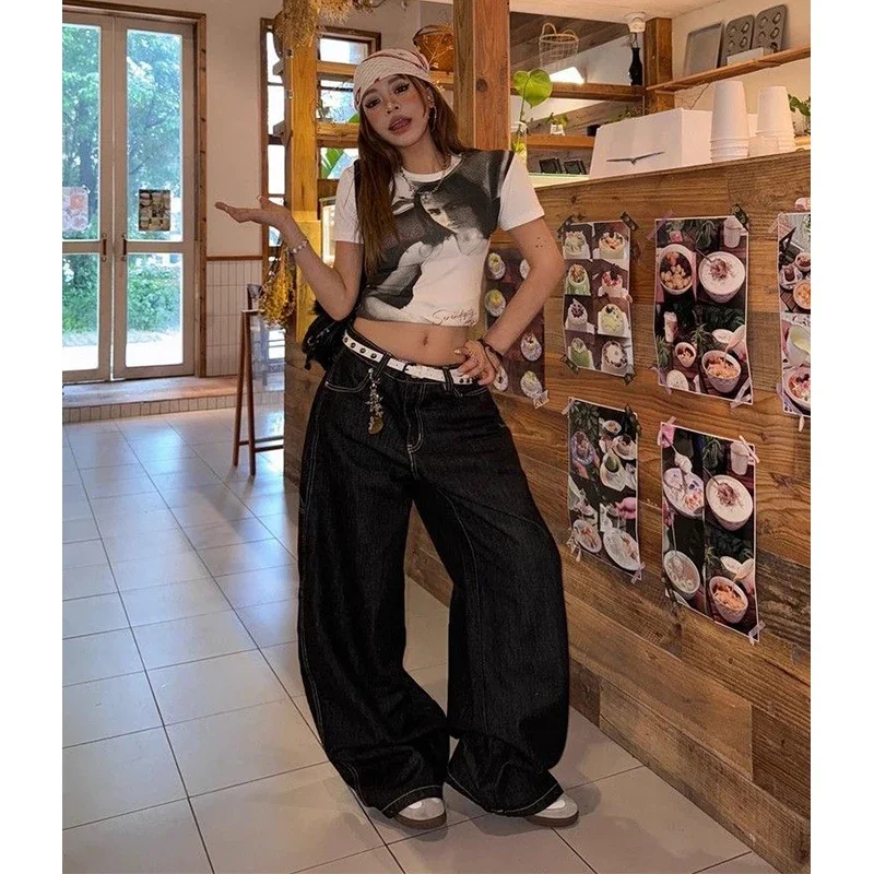2025 Autumn Women Vintage Y2K 2000s High Waist Jeans Korean Oversize Fashion Loose Casual Black Wide Leg Pants Lady Streetwears