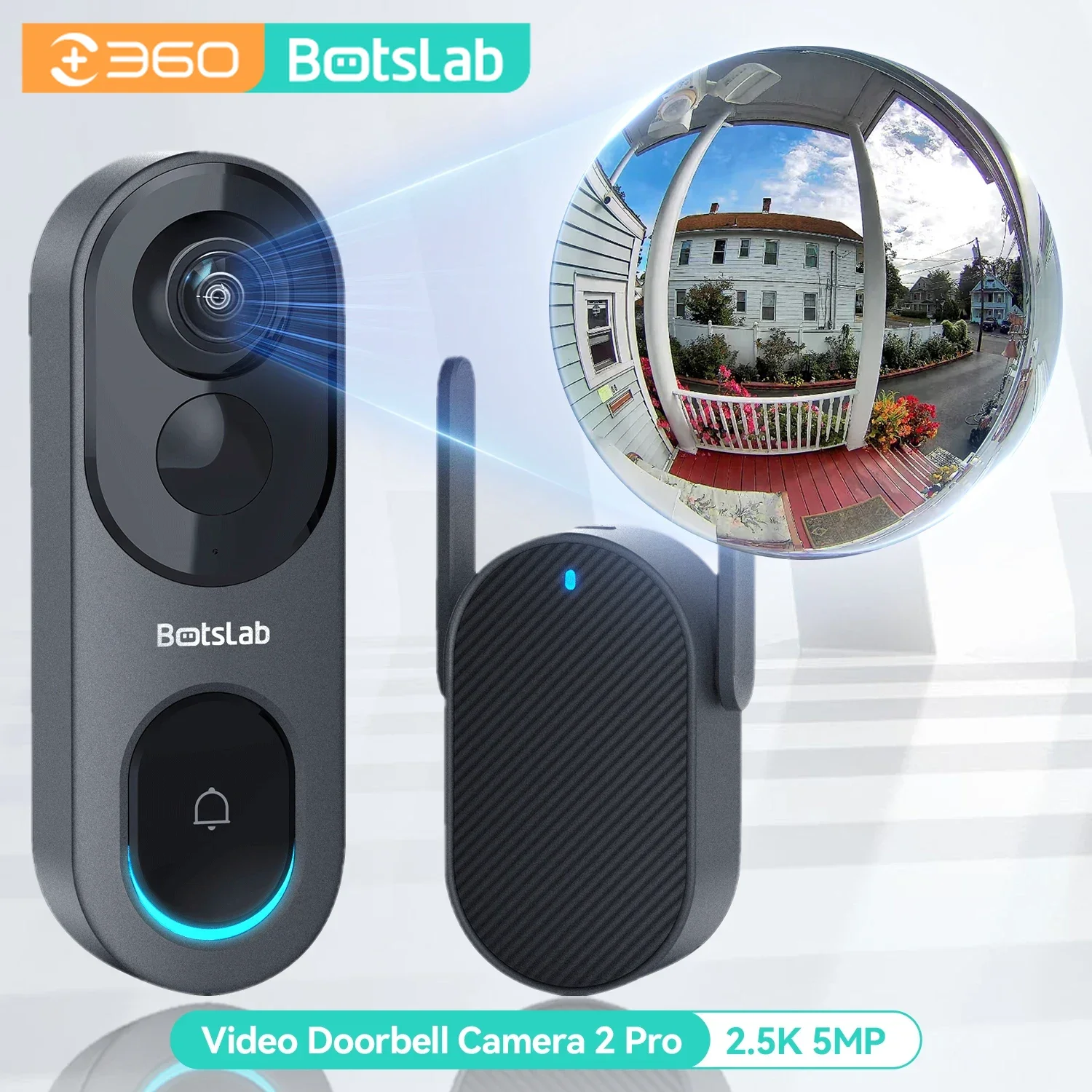 

Botslab Fisheye Lens Video Doorbell Cam Wifi 2.5K5MP TwoWay Intercom wireless 360 view Night VisionSmart Home Security Cam