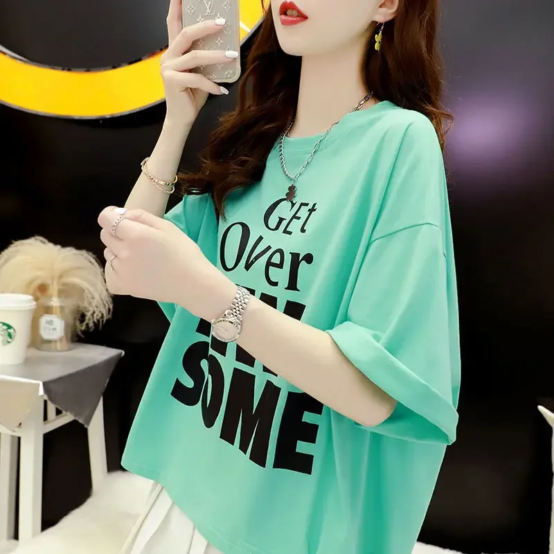 Top Female Green Women's T-shirt Cotton Baggy Graphic with Sleeves Tee Clearance Yk2 Korean Basic Style Youthful Woman Clothes