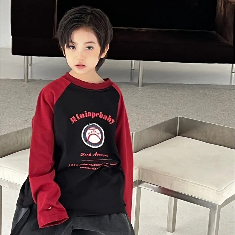 

Boys Shirts 2025 Autumn Korean Style Baseball Embroidered Distressed Wasteland-Style Pure Cotton Long Sleeve Inner Top