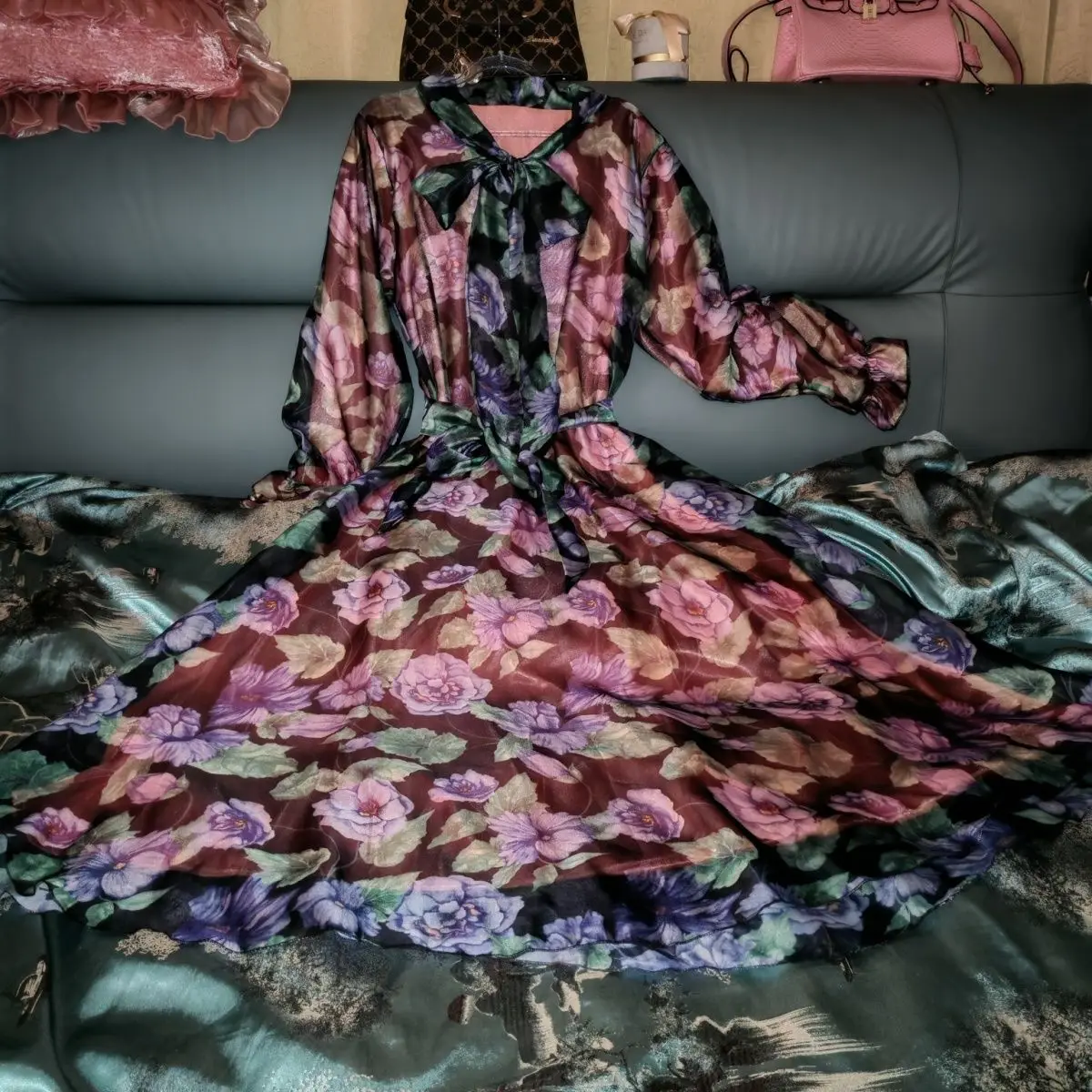 

2 Layers Glossy Women Satin Mesh Voile Long Dress Loose Maxi Dress Pullover Elegant Dresses Sleeping Wear