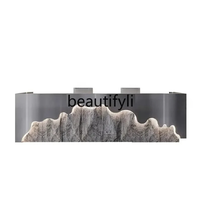 

stainless steel checkout page Industrial style restaurant Bar counter Company reception desk PU imitation stone front desk