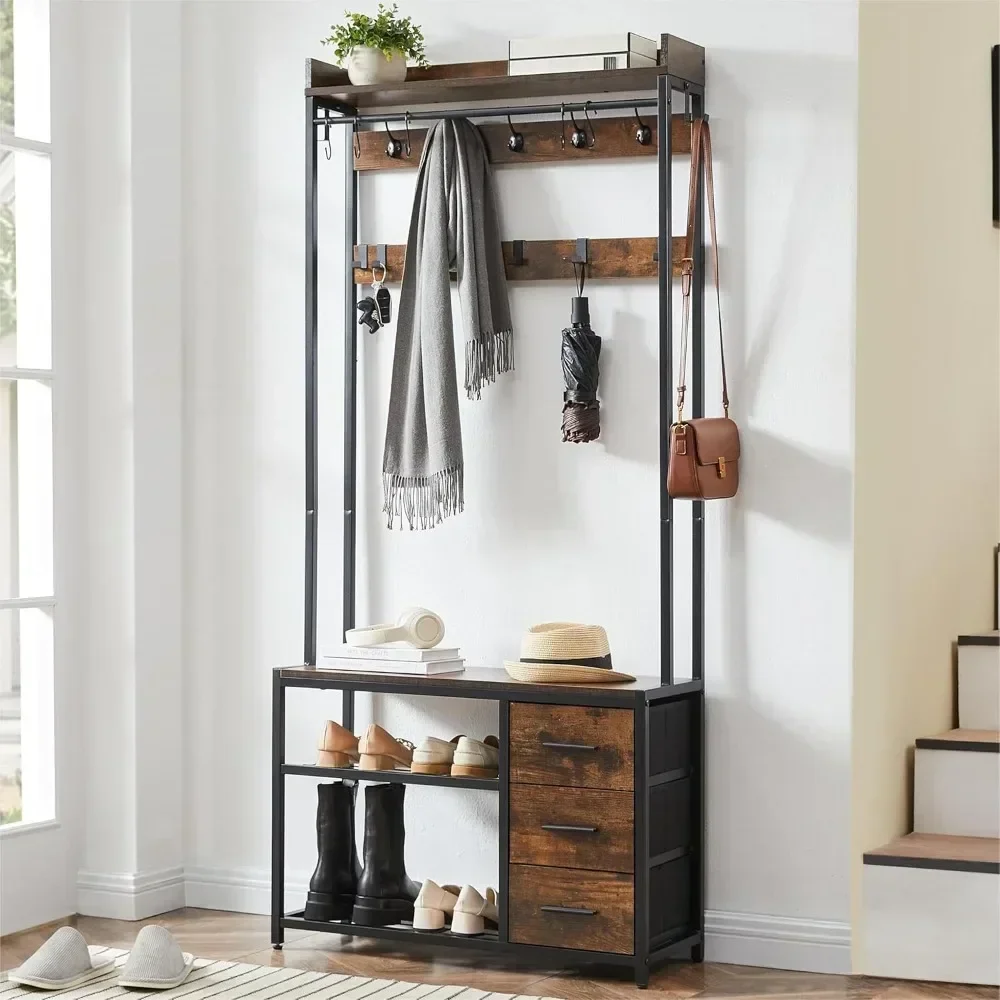 

5-in-1 Coat Rack with Bench and Shoe Storage, Hall Tree with Entryway Bench and Shelve,with 17 Hooks and 3 Drawers