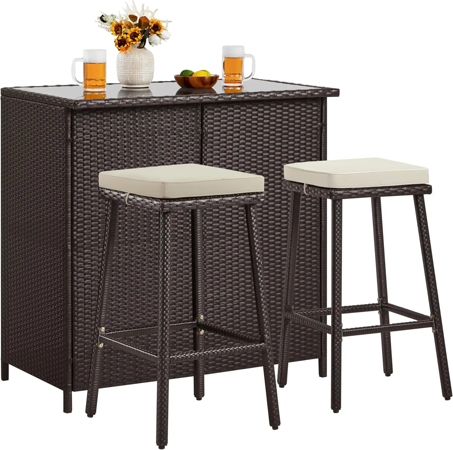 3pcs Outdoor Bar Set, Patio Wicker Bar Furniture with 2 Storage Shelves, Glass Top Table, Cushions and Two Stools, Brown/Khaki | with 2 Storage Shelves, Glass Top Table, Cushions and Two Stools