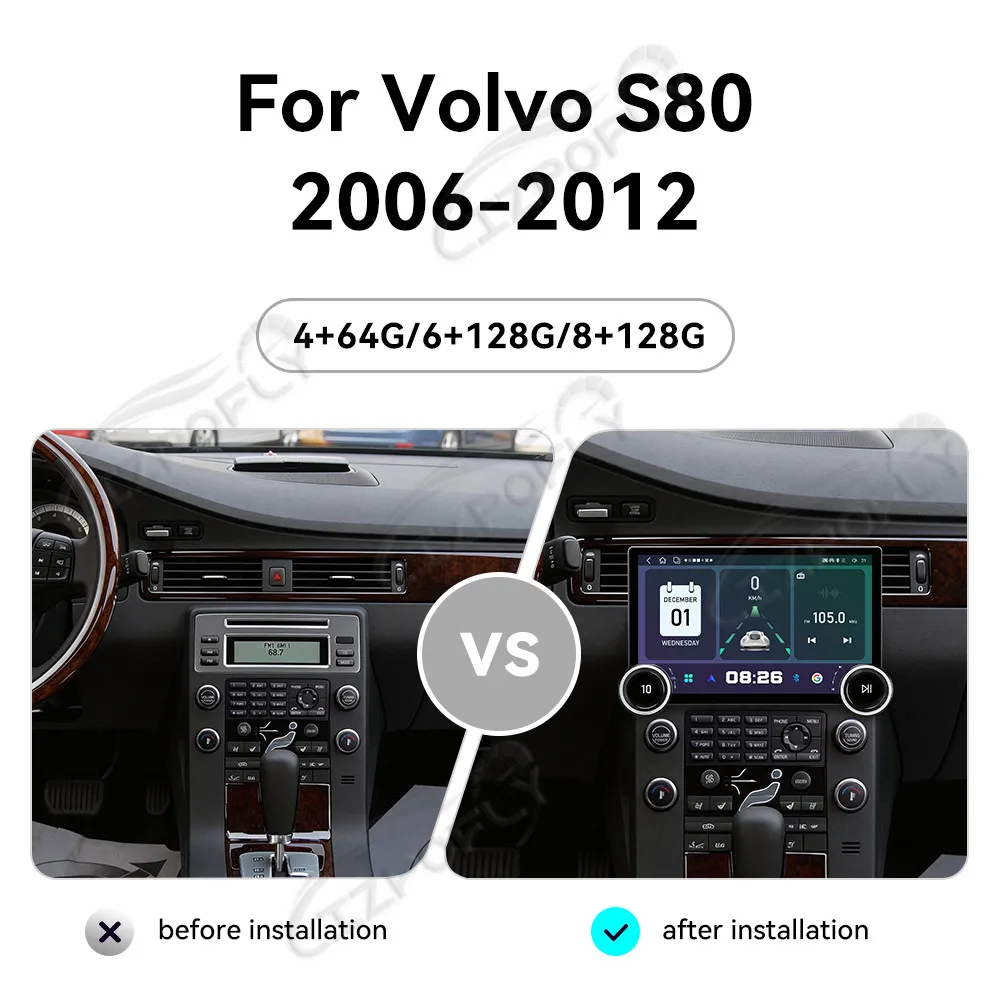 

Автомагнитола Lizpofly Upgrade 11.5 дюймов для Volvo S80 2006–2012 с беспроводным CarPlay и Android Auto, сенсорным экраном и GPS-навигацией
