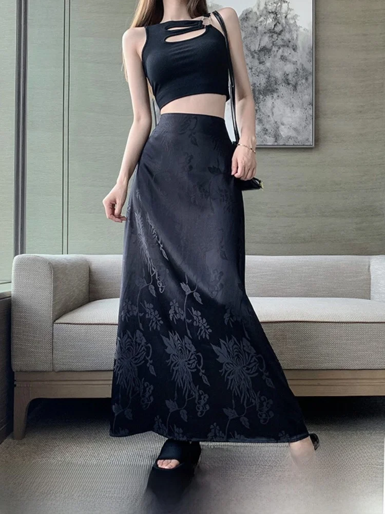 

New Chinese Sle Bla Acetate Satin f Skirt Women's Summer 2025 ature A-Line Long Skirt Bodycon High Waist Long Skirt