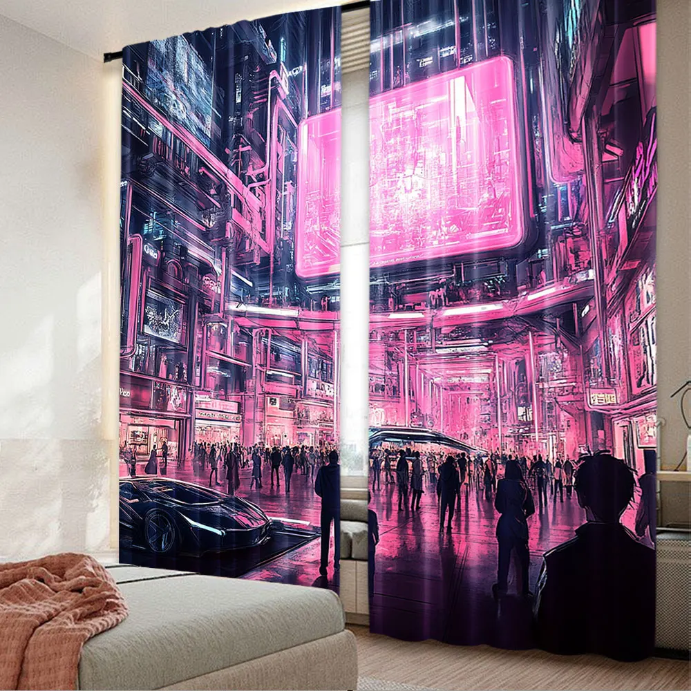 2Pcs Anime Japanese Kawaii Curtain Cyberpunk Style Futuristic Technology Style Art Curtains For Bedroom Home Dorm