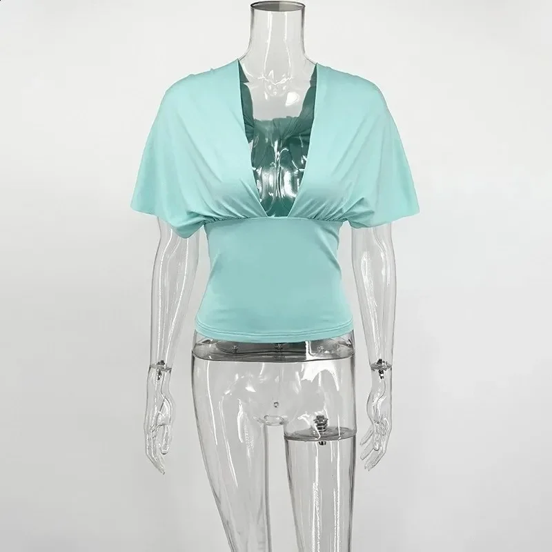 Women's Summer V Neck T-Shirts Tops Solid Color Draped Short Sleeve Slim Fit T-Shirt Tees 00s Retro Streetwear