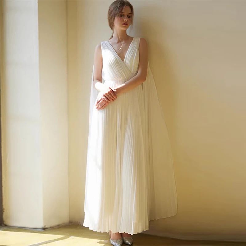 Elegant V-neck Wedding Dress for Women A-line Chiffon Pleated Backless Bridesmaid Dresses Formal Evening Dress Customized 2025