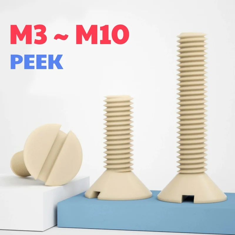 M3 M4 M6 M8 M10 PEEK Plastic Slotted Countersunk Flat Head Screws Heat Resistant Acid Alkali Insulated