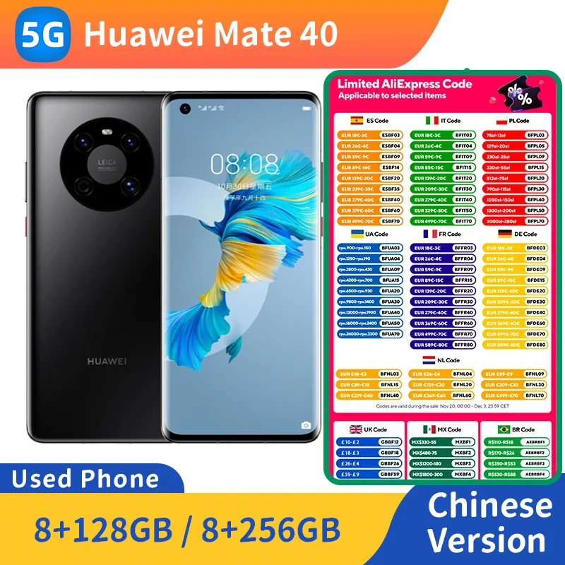 هواوي ميت 40 5g الهاتف الذكي وحدة المعالجة المركزية كيرين 9000E شاشة 6.5 بوصة 50MP كاميرا 40 واط تهمة HarmonyOS الهاتف الأصلي المستخدم