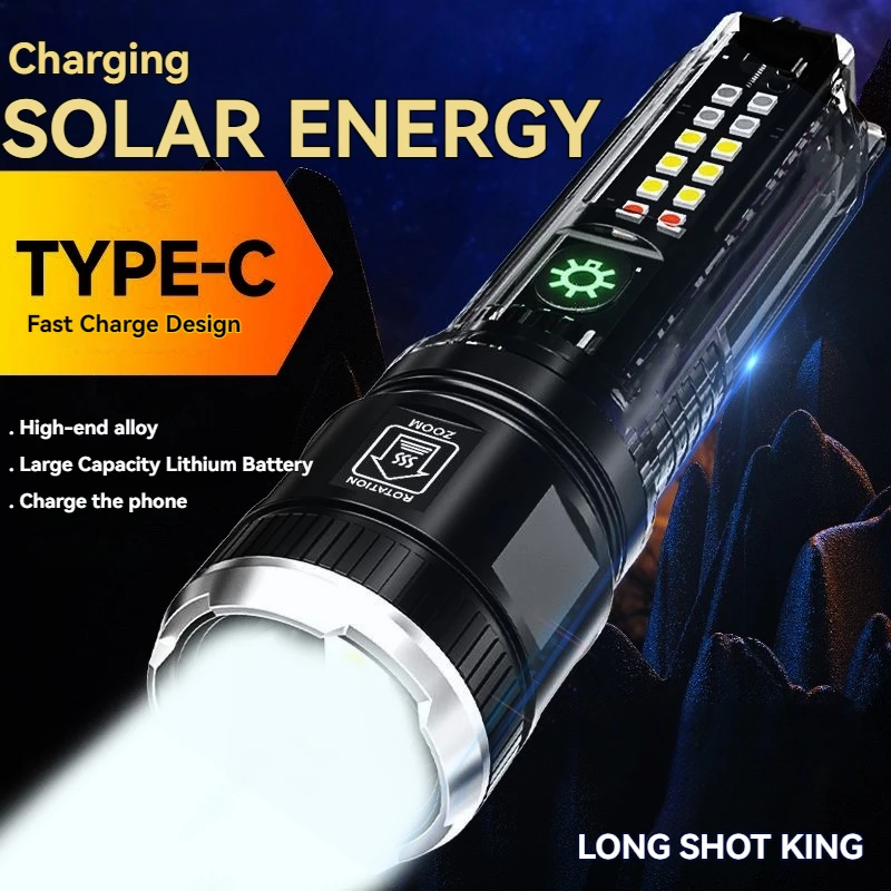 Solar USB Rechargeable Lantern Powerful LED Flashlight Long Range Spotlight Tactical Torch Strong Light Warning Lamp Outdoor