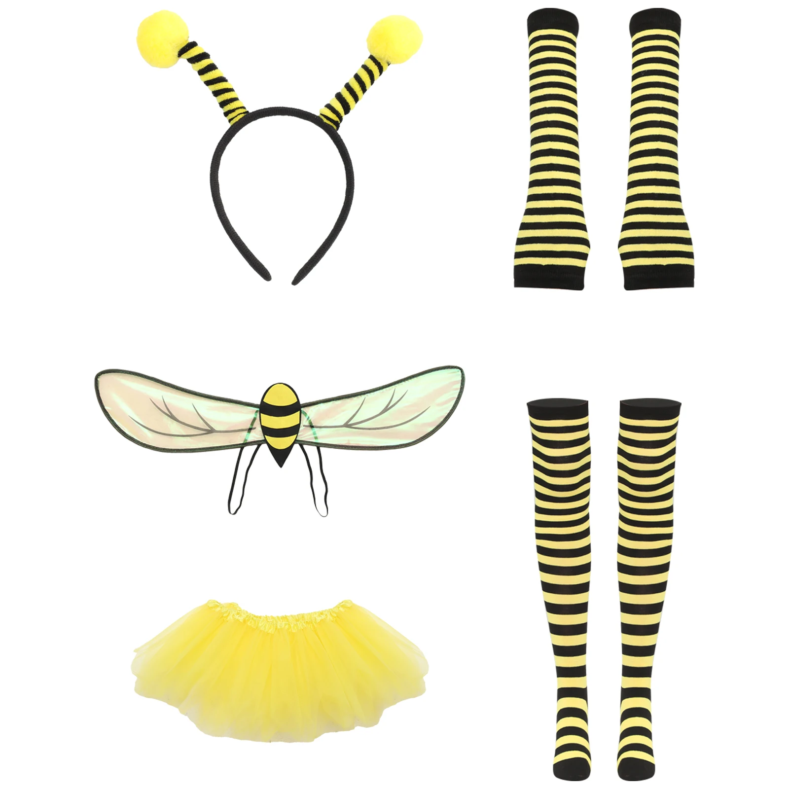 

Princess Fairy Costume Set Bee Cosplay Costume Accessories with Wings Headband Mesh Skirt Stripe Gloves Socks Halloween Dress Up