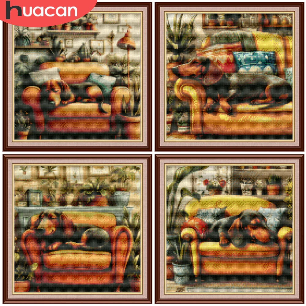 HUACAN Cross Stitch Kit Dog Animal Adult Crafts DMC Thread Embroidery Sets Plant Art Diy Gift Needlework 11CT Home Decor Items