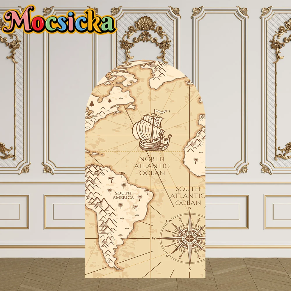 Mocsicka 2-Sided Arch Cover World Map Adventure Decoration Backdrop Baby Shower Arch Wall Kids 1st Birthday Party Prom Studio