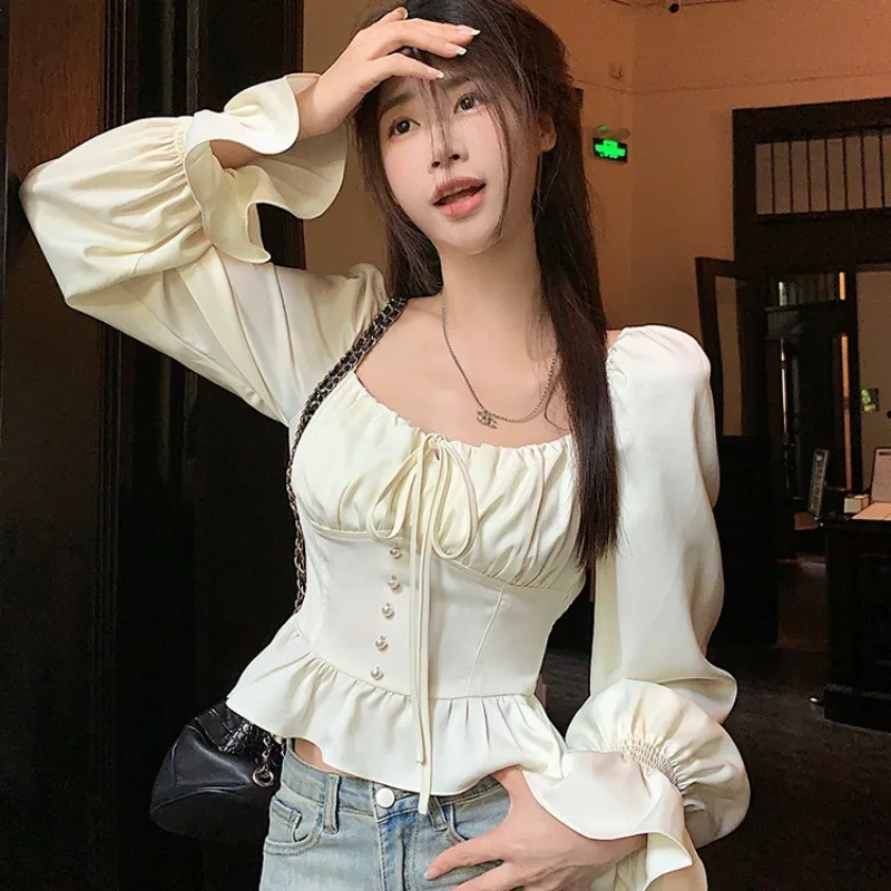 Petal Sleeve Shirts and Blouses Korea Square Collar Elegant and Youth Woman Blouses Female Top Long Sleeve Autumn Clothes 2024