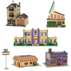 MOC Simpsinged Anime Modular City Street View Springfield Elementary School Building Blocks Model Moe's Tavern Bricks Kids Toys