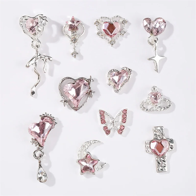 10pcs Flash Pink Nail Accessories Love Butterfly Star Cross Nail Art Charms Luxury Crystal Metal Pendant Nail Decorations Parts