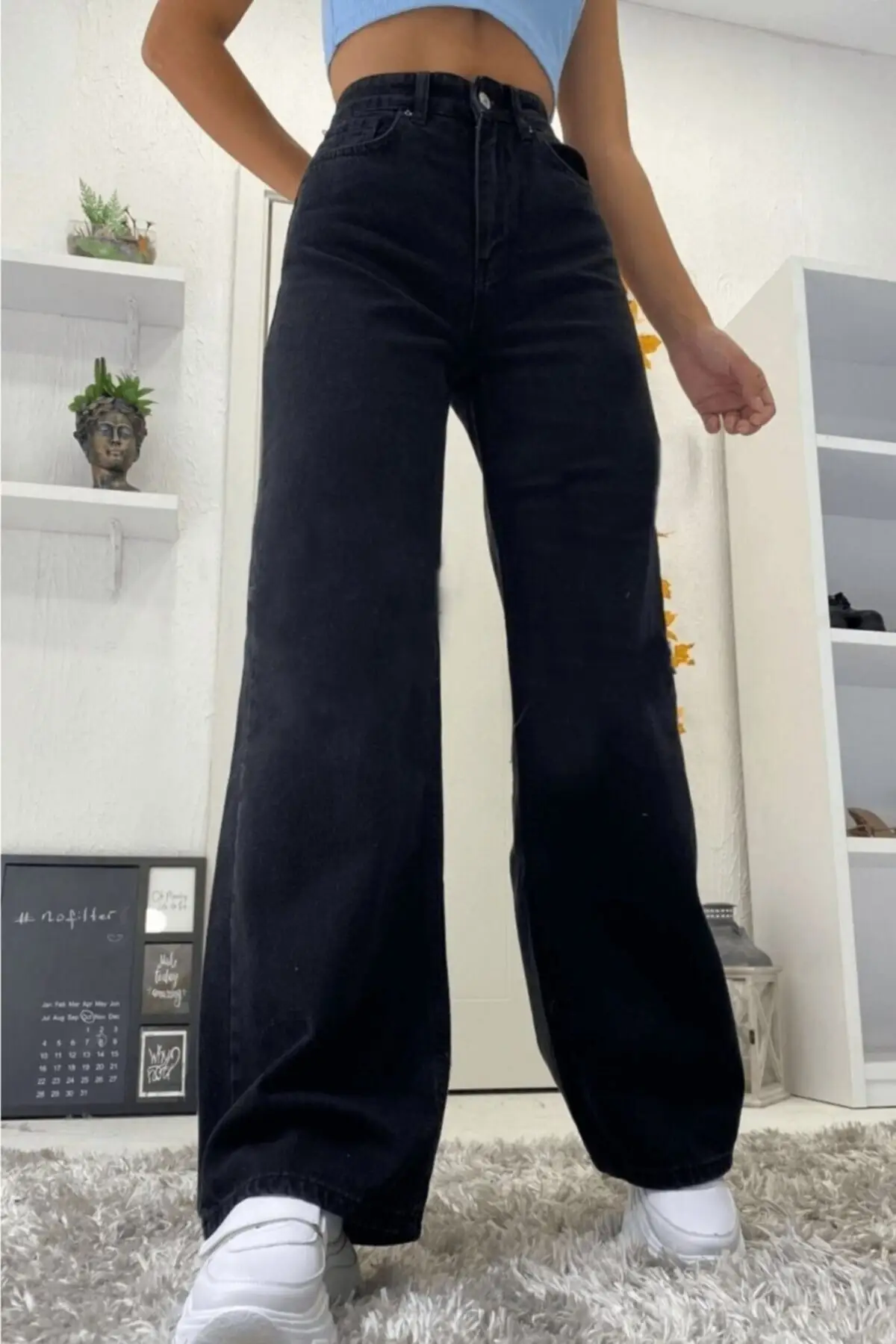 Fadeless Black Lycra Super High Waist Temporary Shed Jean Pants. (SUPER HIGH.) Korean fashion men's wide leg jeans 2021 autumn new