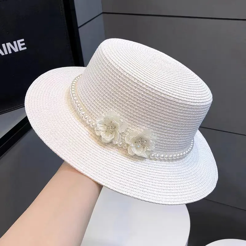 Women floral straw hat beach hat French bow straw fedora hat flat top hat sun hat solid Flat bucket hat basin hat summer caps