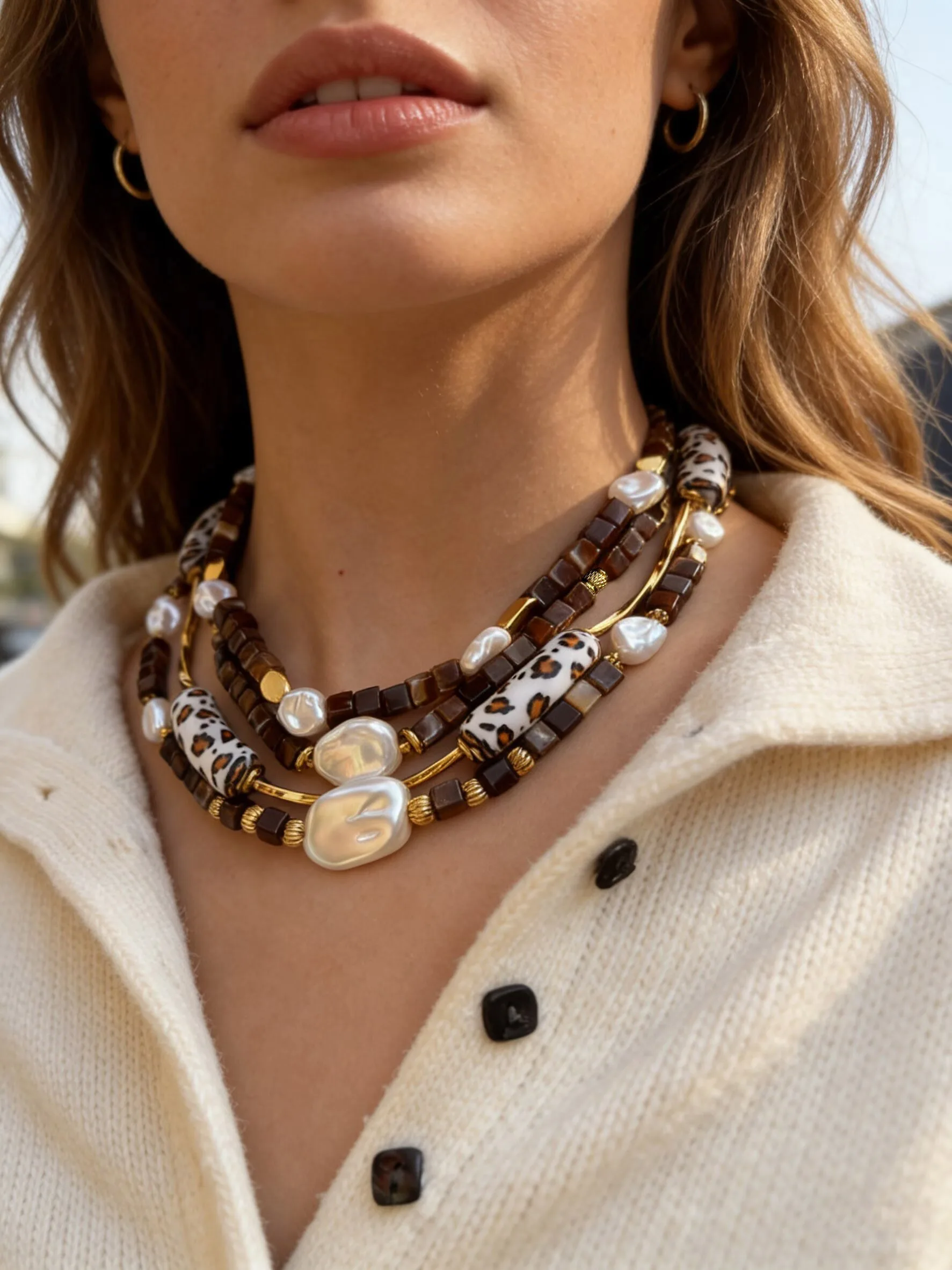 GHIDBK Vintage Multi Style Leopard Print Resin Imitation Pearl Handmade Bead Necklace Women Daily Stacking Jewelry Accessories