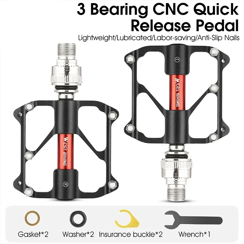 WEST BIKING Bicycle Quick Release Pedals With Safety Lock Ring CNC Aluminum Alloy 3 Bearings Pedals For Folding Bike Road Bike