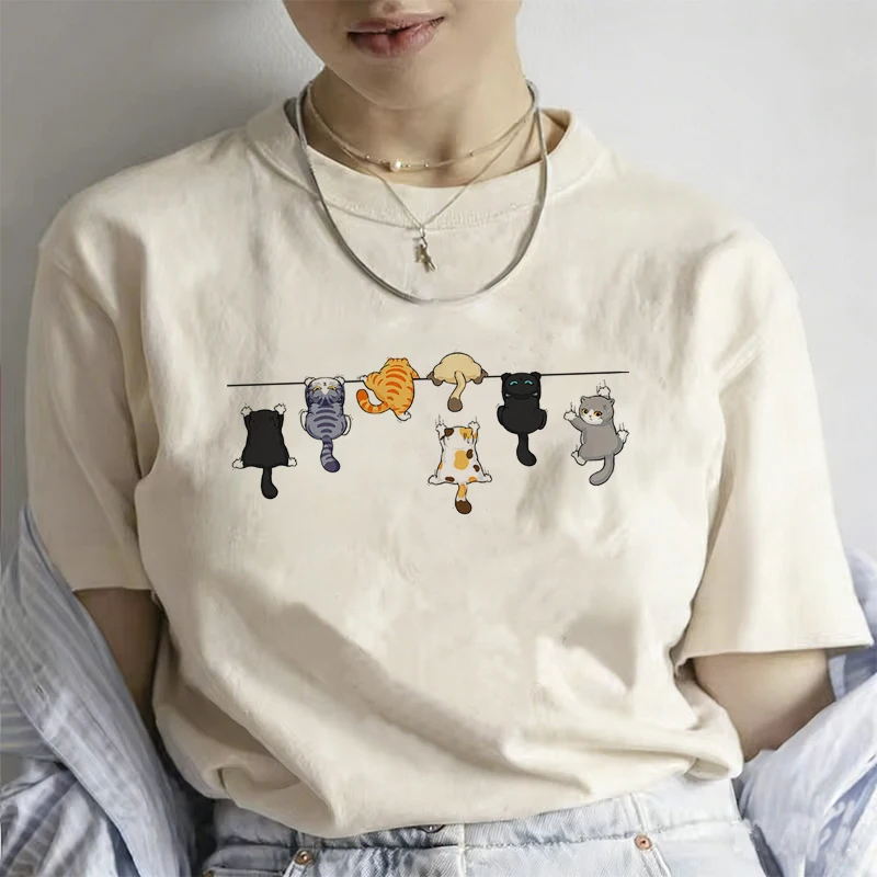 Funny Women Summer Cat Print T-shirt Girl Casual Short Sleeve O Neck Top for Summer Female Y2k 90s Clothing T Shirt view 5