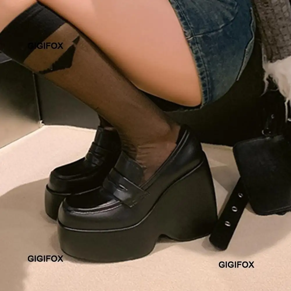 

GIGIFOX Platform Wedge Pumps For Women Slip On Mary Jane Punk Goth Fashion High Heels Shoes Spring Casual Mary Janes Lolita