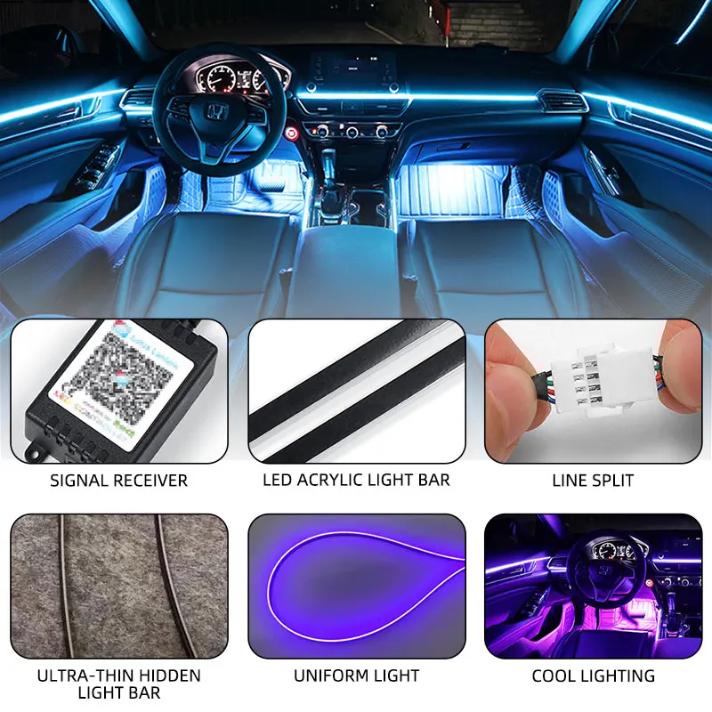 Rbg-led luzes ambiente para interior do carro, 64 cores, tira de acrílico, guia de luz, fibra óptica, decoração, lâmpada atmosfera, 18in 1