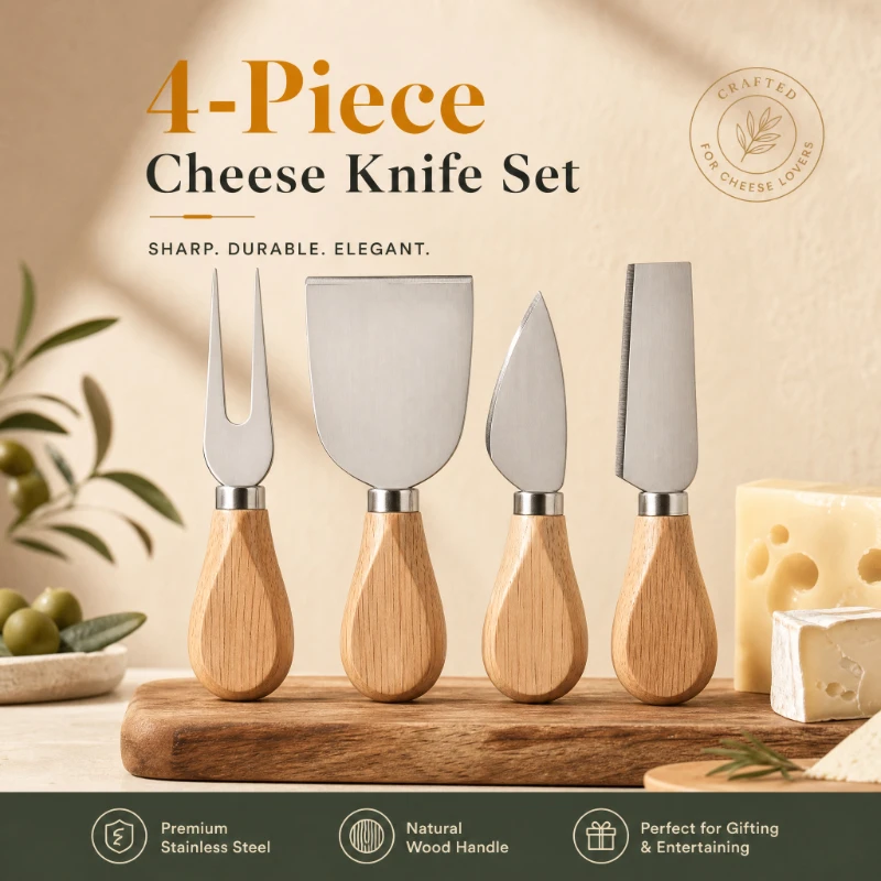 4-Piece Stainless Steel Cheese Knife Set with Wooden Handles, Cheese Knives and Fork for Butter, Brie, Cheddar