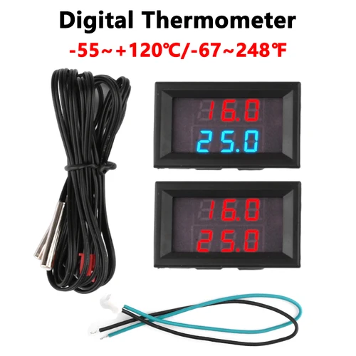 DC4-28V 듀얼 디스플레이 디지털 온도 계량기, LED 온도 센서 감지기, NTC 10K 3950 프로브 케이블,-55 ~ + 120 ℃, 0.28 인치 