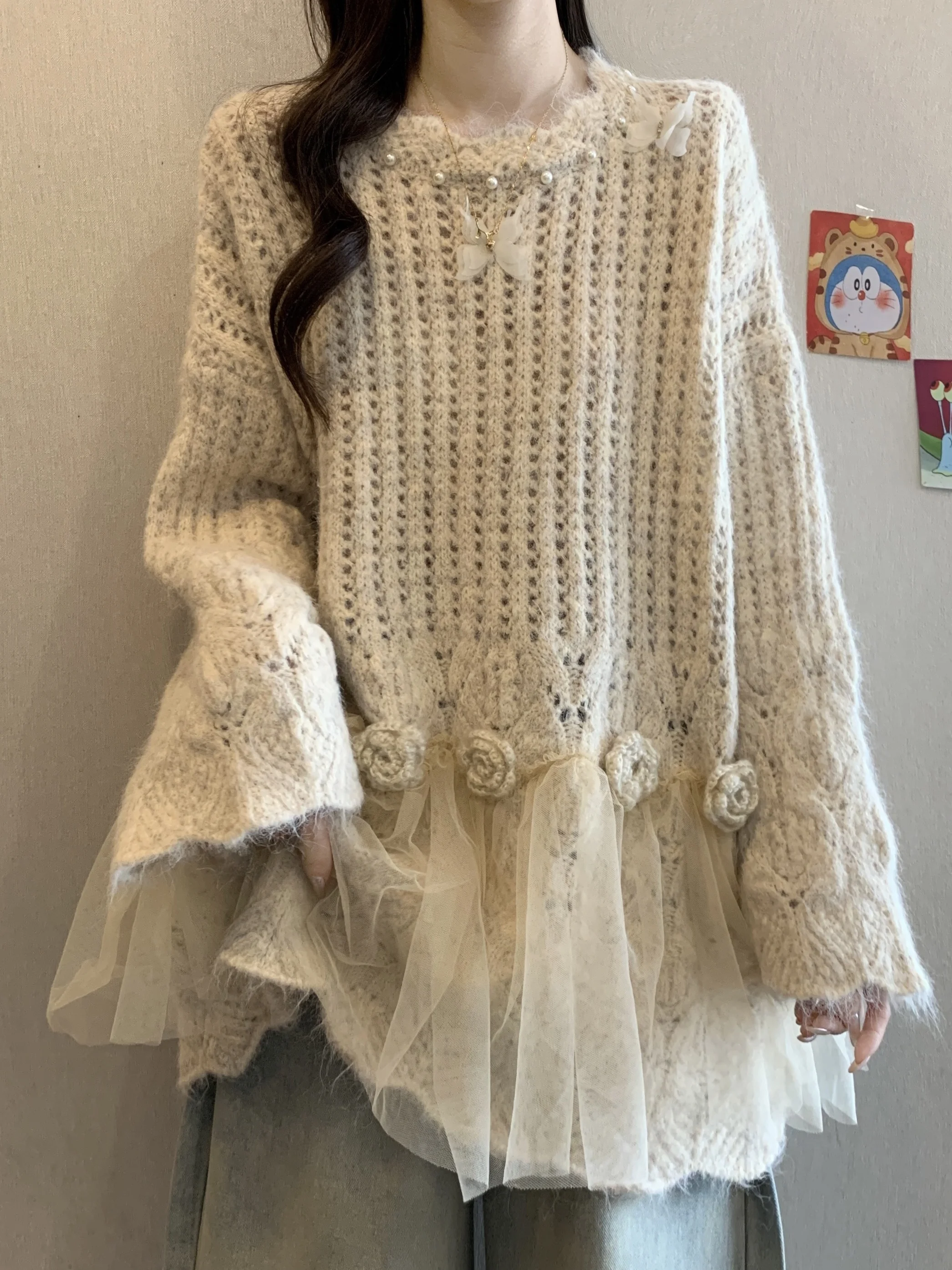 

Женский вязаный длинный свитер размера плюс с цветочной вышивкой и кружевом, осень-зима, дышащий повседневный топ