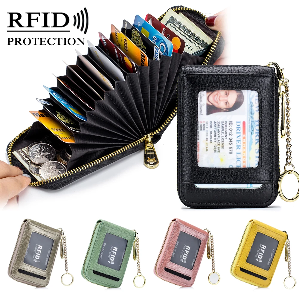 

Genuine Leather Men Women Rfid Credit Card Holder Small Zipper Wallet Solid Coin Purse Key Ring ID Photocard Slot Mini Money Bag
