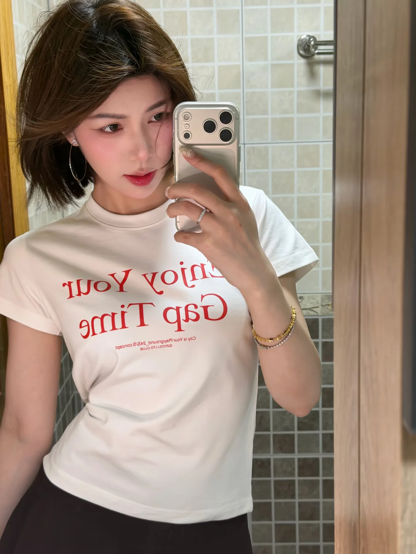 Retro Hong Kong Style Pure Cotton Slim Fit T-Shirt round Neck Short Sleeve Women's Summer Fashion Print Casual Breathable Top