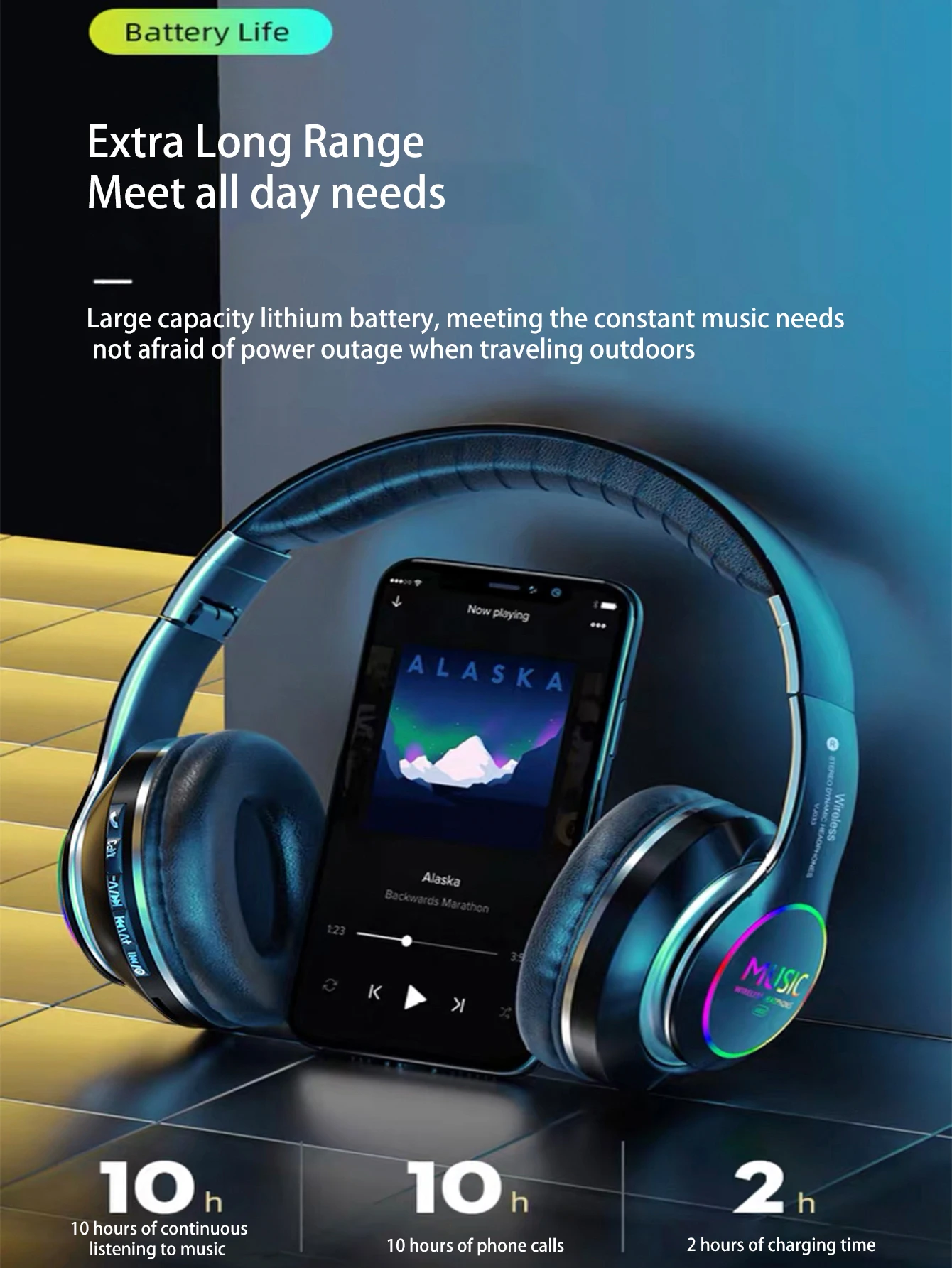 Fones de ouvido Bluetooth sobre-auriculares coloridos e brilhantes com bateria de longa duração, adequados para jogos e esportes.