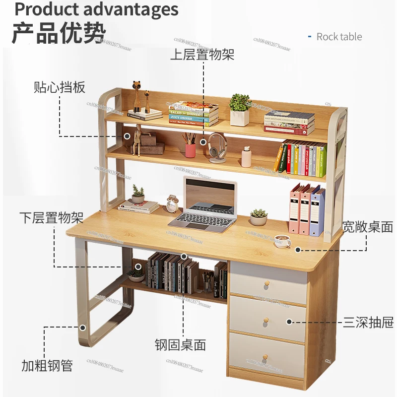 Integrated Nordic Bookshelf Desk for Student Writing, Study Table, Bedroom, Burlywood, Computer Table, Modern and Simple