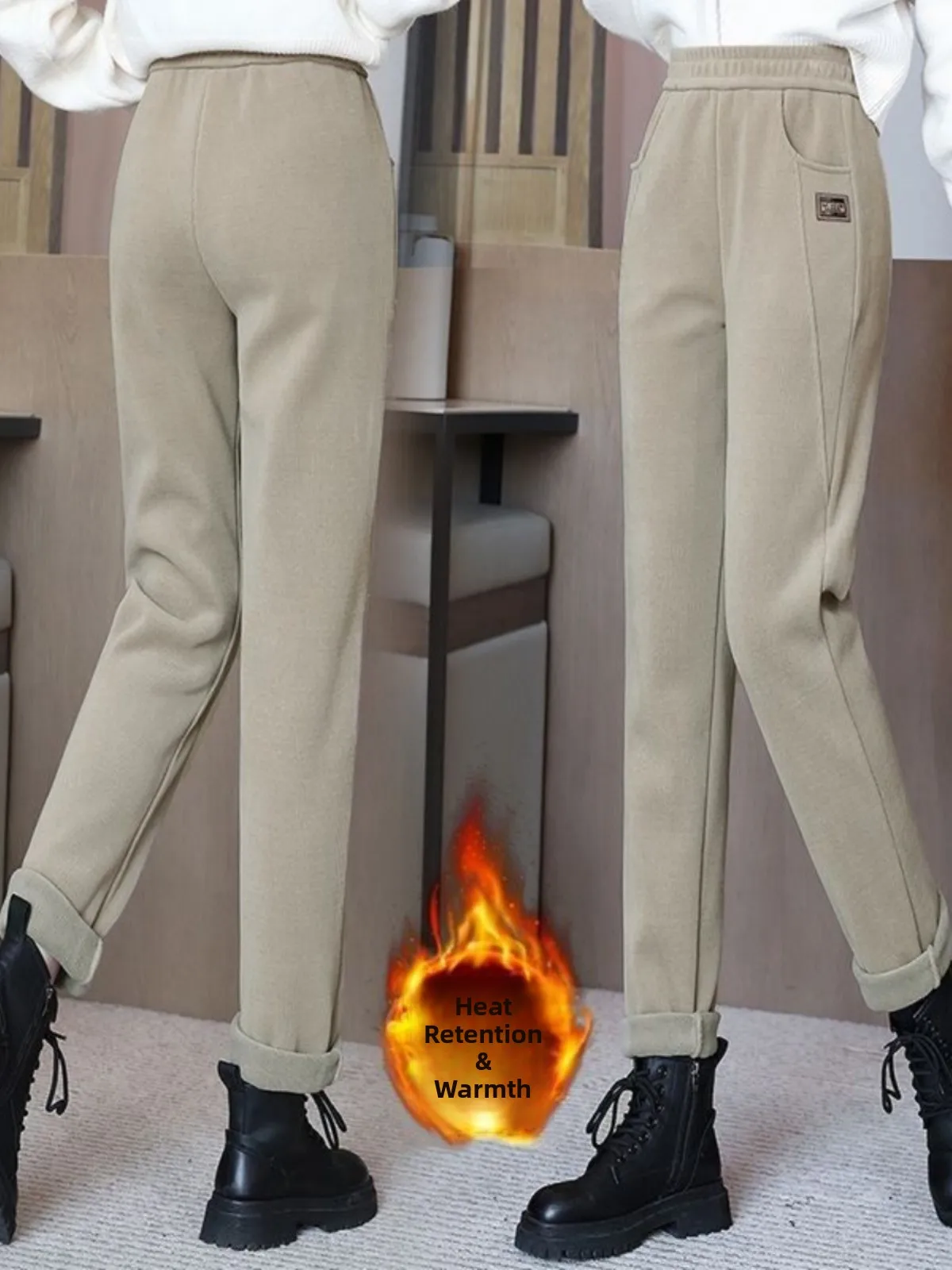 Feminino Fce Forrado Casual Solto Thiened Harlan Calças Perna Reta Spor Casual e Tubo Solto Ajuste Cintura Alta Elástico