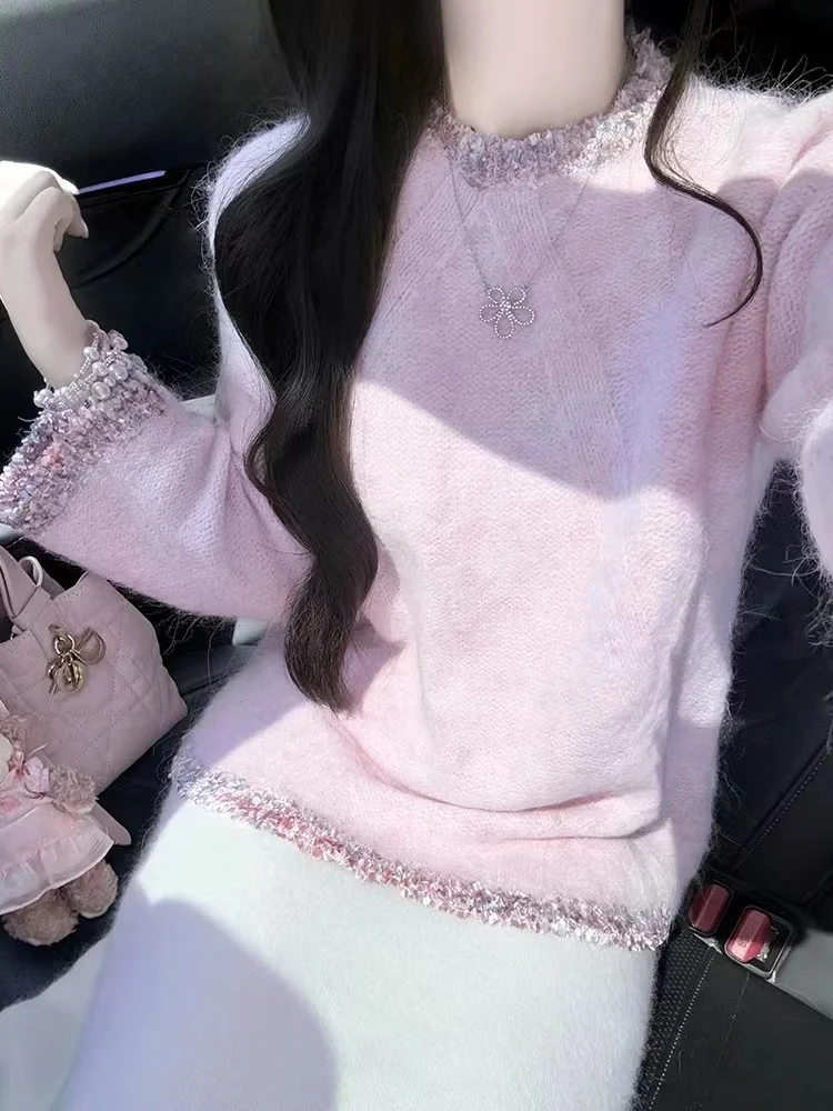 

Pink Knitted Sweater Women's Loose Camere Heavy Embelliment Spring Autumn High Faion Lazy Sle round Ne Long Sve