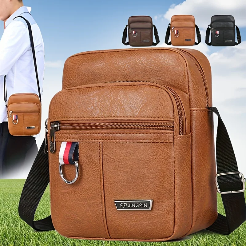 Business Solid Color PU Leather Men's Crossbody Bag Casual Waterproof Coffee Brown Black Male Shoulder Messenger Bag Phone Pouch