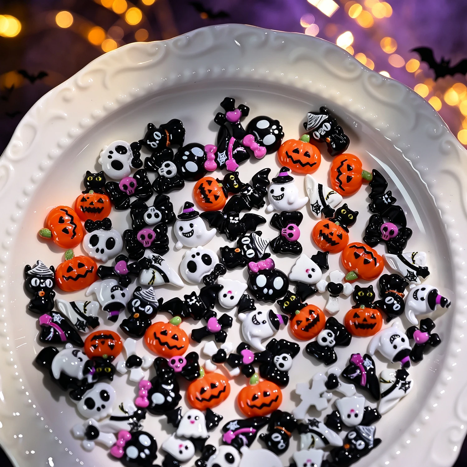 50 Stück Gemischte Harz-Halloween-Nagelcharms 3D Niedliche Cartoon-Geister/Fledermäuse/Kürbisse/Totenköpfe/Schwarze Katzen Nagelteile DIY Horror-Festival-Dekoration – Detail 4