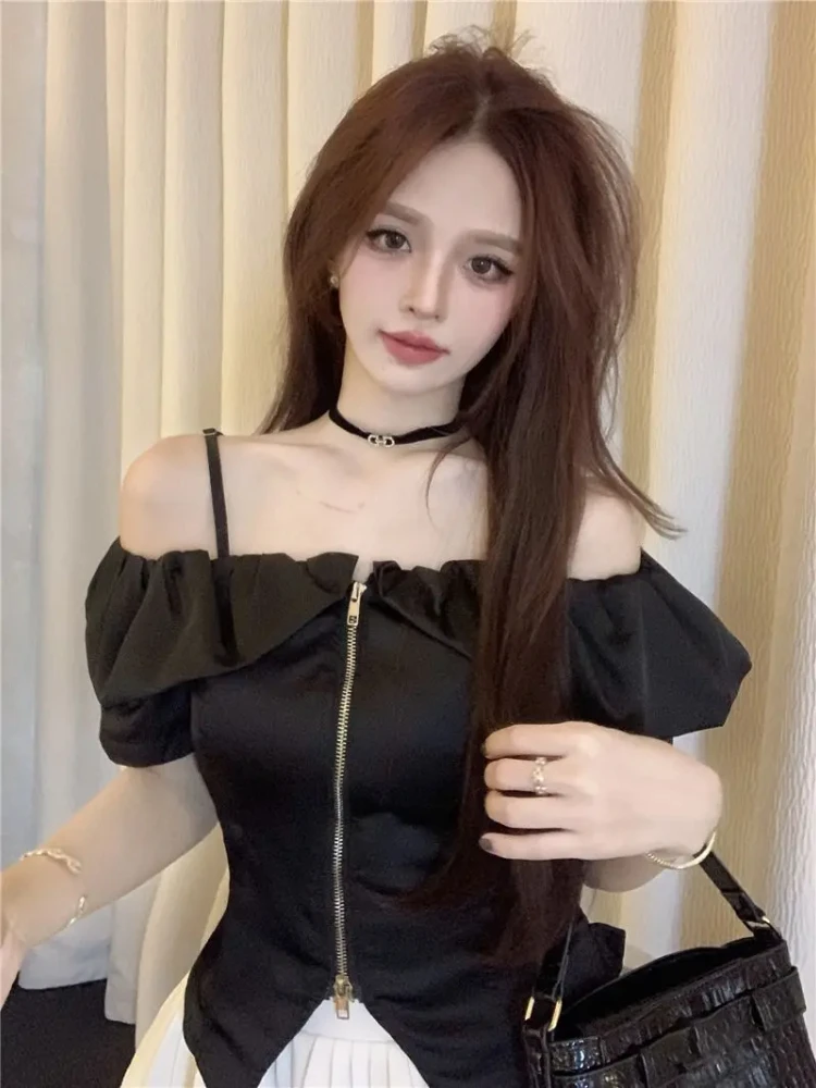 

Корейская рубашка-бретелька с открытыми плечами и рюшами, лето 2022, пикантная блузка с двойной молнией для девочек, облегающий укороченный топ, милая шикарная блузка Y2k