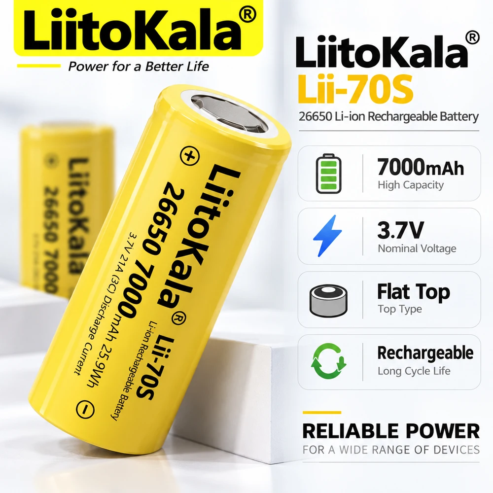 26650 7000mAh 3.7V Rechargeable Li-ion Battery Lii-70S Flat Top High Capacity 35A High Drain Cell for Flashlight Power Tools DIY