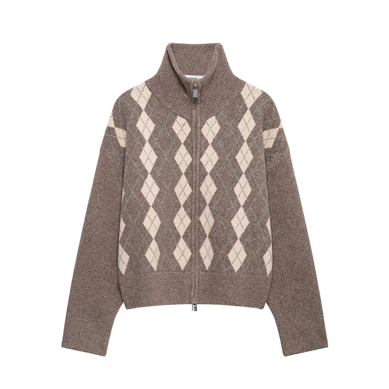 Ladies High Collar Zipper Knit Cardigan Long Sleeve  Argyle Warm  Winter Knitwear Outerwear