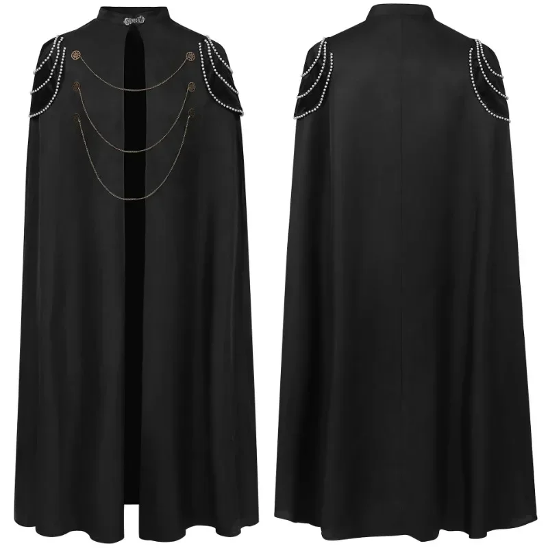 2024 New Medieval European Royal Cloak with Shoulder Pads for Men and Women Retro Bead Curtain Gear Chain Hooded Cloak