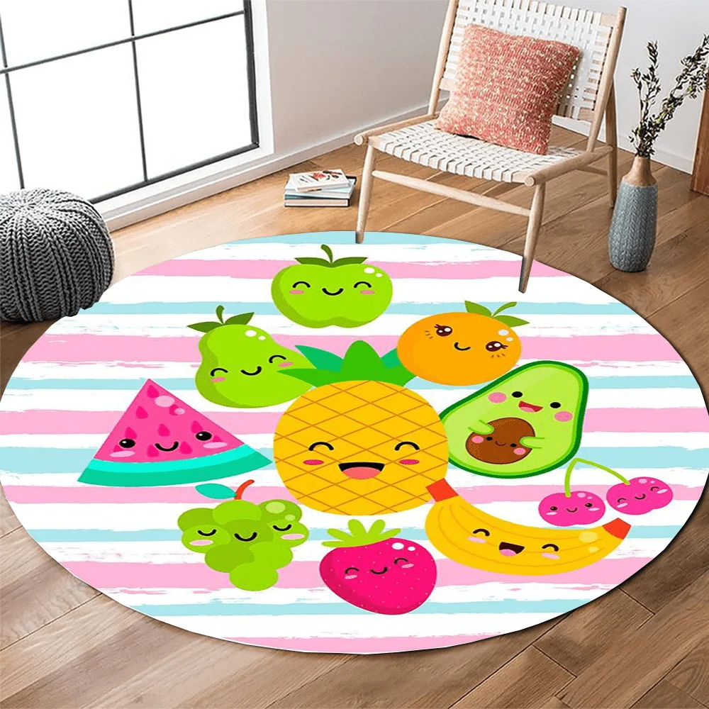 Cute Fruit Smile Striped Round Rug Flannel Soft Kitchen Bedroom Floor Mat Non Skid Washable Kids Girls Room Decorative Carpet