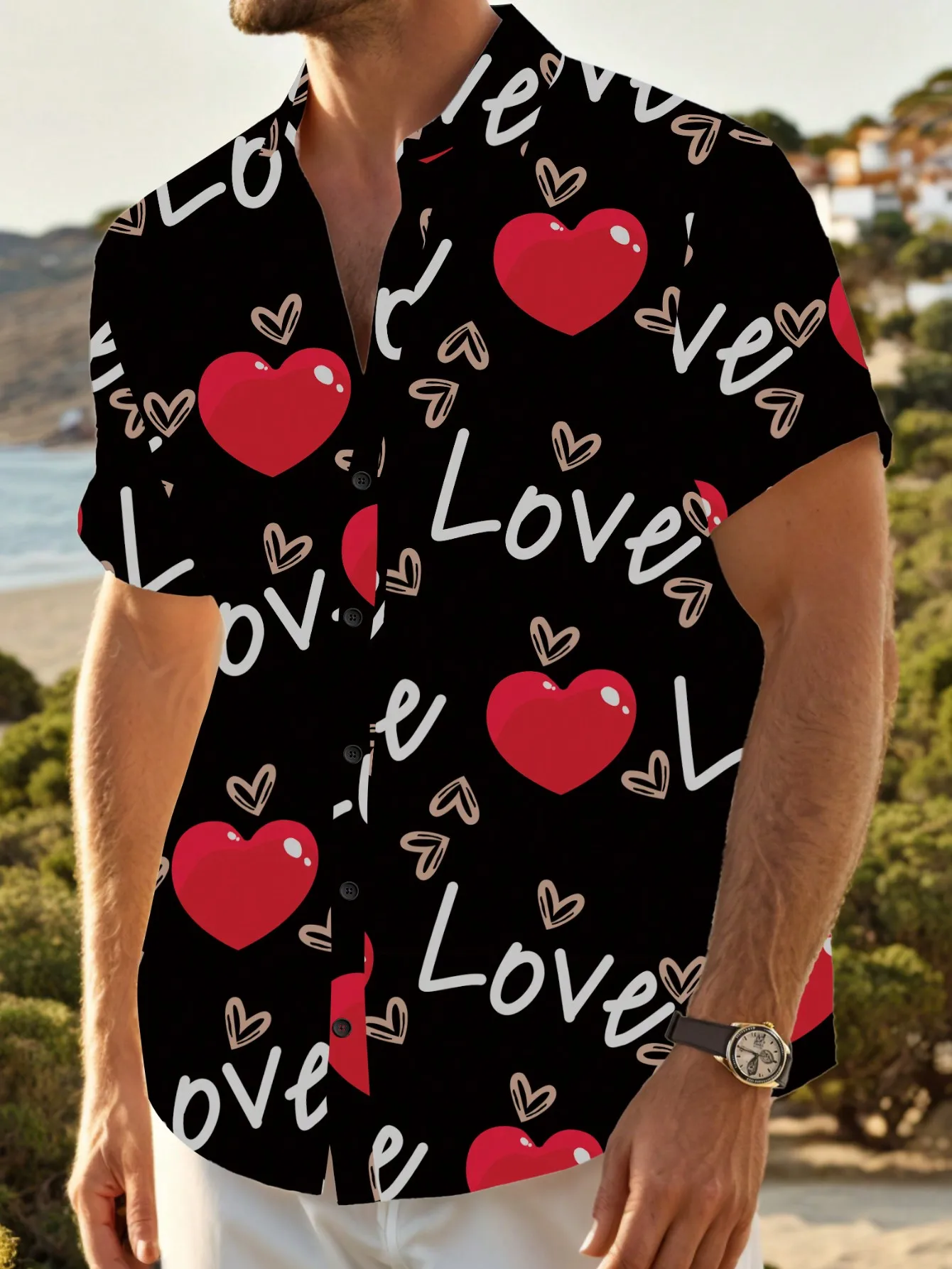 

Мужская черная рубашка с коротким рукавом на пуговицах с принтом в виде красного сердца и надписи, повседневная одежда для отдыха